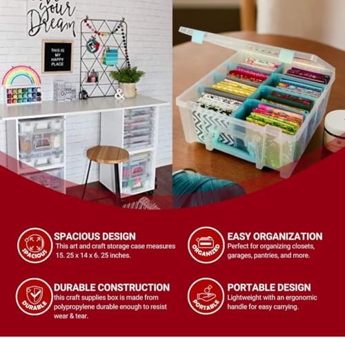ArtBin 6990SA Super Satchel Double Deep with Removable Dividers, Large Portable Art & Craft Storage with Handle, Translucent/Aqua Mist