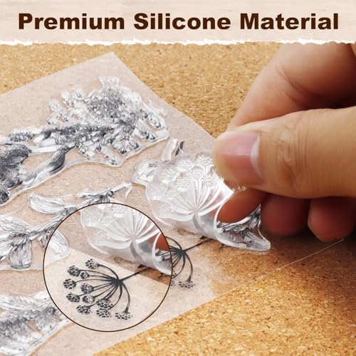 8Pcs Botanical Clear Stamps Set with 2 Acrylic Stamp Blocks for Card Making