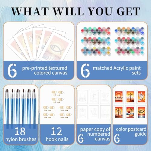 6 Pack Paint by Numbers Kit for Adults, Christian Painting, 8x12 Inch | DIY Adult Paint by Number Kits on Canvas for Beginners, without Frame, ReligionHome Wall Decor, Stress Relief Craft Gift