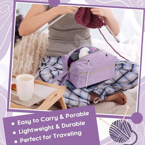 Bulyoou 2 Pcs Crochet Tote and Yarn Bag Set Corduroy Yarn Holder,Purple