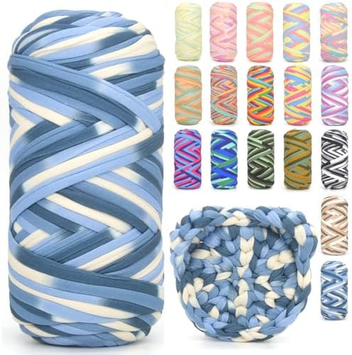 Tshirt Yarn for Crocheting,Rainbow T Shirt Chunky Elastic Fabric Thick T-Shirt Crochet Yarn for Beginners Crocheting Hand Knitting Bag/Basket/Coasters/DIY Crafts/Home Decor 200G-Blue White Tone