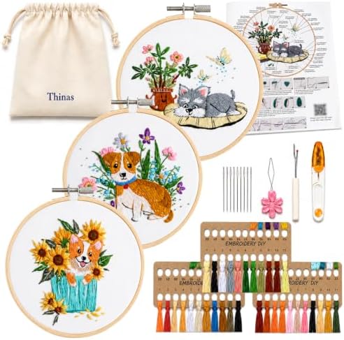 Thinas Embroidery Kit for Beginners Adults, 3 Pack Stamped Dog Embroidery Starter Set with Patterns & Video Tutorial, DIY Sewing Craft Supplies for Dog Lovers, Home Decor Gift Idea