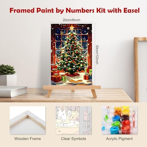 MOGTAA Christmas Paint by Numbers Kit for Adults Beginners with Frame, Christmas Tree Adult Paint by Number Kits on Canvas with Easel, Easy DIY Oil Painting Kits for Home Decor, 8x12in