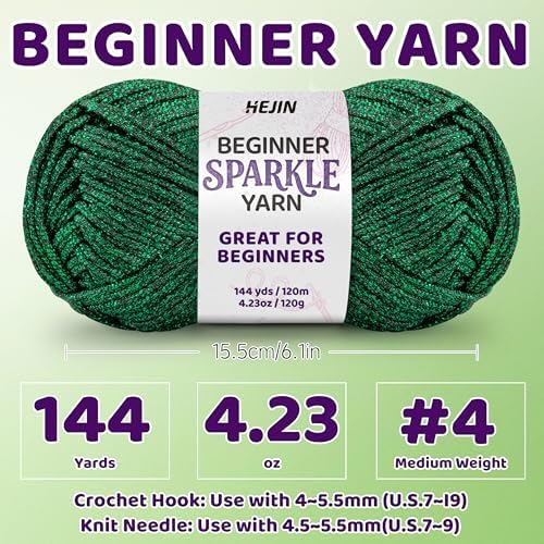 HEJIN 120g Green Sparkle Yarn for Crocheting and Knitting | 120m(144yds) for Beginners with Easy-to-See Stitches; Worsted-Weight Medium #4; Yarn for Beginners Crochet Kit Making