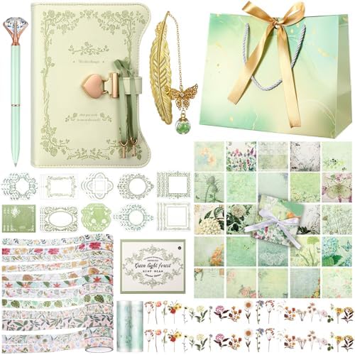Janlaugh DIY Journal Diary with Lock Pack Scrapbook Kit, Light Green, Fresh | Stationery Diary Supplies, Scrapbook Supplies Art Crafts Kit for Birthday Holidays Ideal Gifts, Feather Bookmark Stickers