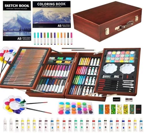 KINSPORY Art Sets, 139 Pack Painting Drawing Art Supplies Kit with 2 Sketch Pads, Deluxe Double Layers Crafts, Colored Pencils, Oil Pastels, Watercolor Paints, Gift for Artists Kids (Brown)