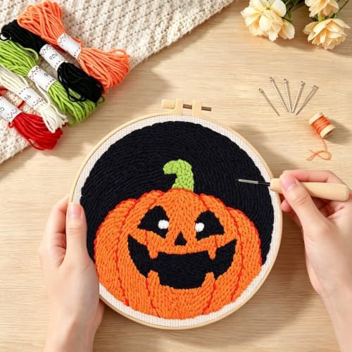 Halloween Punch Needle Kit Beginners Pumpkin Stitching Kit for Craft Lover