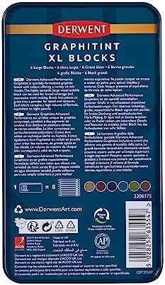 Derwent Graphitint XL Blocks 6 Tin, Set of 6, 60mm Extra-Large Block, Water-soluble, Ideal for Sketching, Drawing and Expressive Mark Making, Professional Quality (2306175)