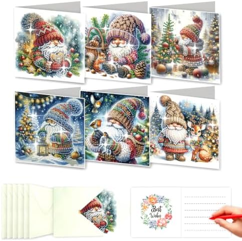 LSQFS 6 Pack Diamond Art Kits for Adults, Gnome Christmas Diamond Art Cards