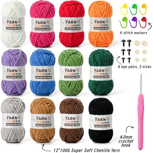 12 Pack Fluffy Chunky Chenille Yarn for Crocheting, Baby Yarn for Crocheting Soft Blanket, 1200g (1574yds) Bulky Yarn Set for Crochet Amigurumi & DIY Crafts D