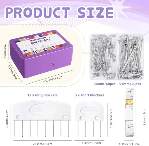 Opstin 130Pcs Knit Blocking Pins Kit for Knitting & Crochet Projects,20 Knit Blockers, Blocking Combs, Knitting Block Pins for Blocking Mats, Crochet Block Kit with 100 T-Pin and Storage Box