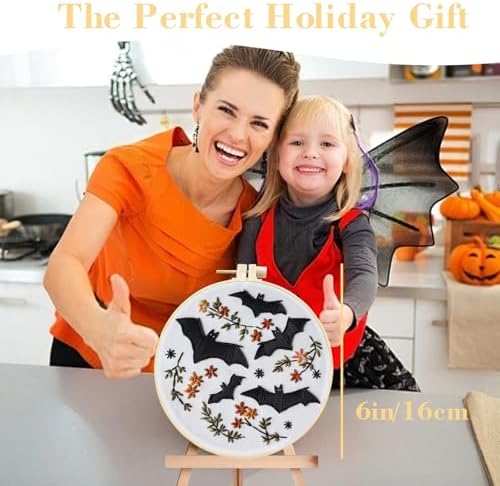 Floral Witch Hat Embroidery Kit Halloween Cross Stitch Material Set with Bat Skull Flower Pumpkin Patterns, DIY Hand Needlepoint Embroidery Craft Kit for Beginners Professional (Floral Bats)