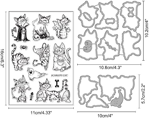 INFUNLY Cat Die and Stamp Set Cat Clear Stamps and Dies for Card Making Ghost Animal Rubber Stamp Black Cat Transparent Silicone Stamps for Crafting Paper Halloween DIY Scrapbooking Decor
