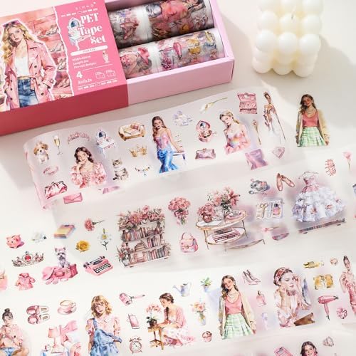 4 Rolls PET Tapes Pre-Cut Stickers for Scrapbooking Pink Life People Stickers Tape journaling