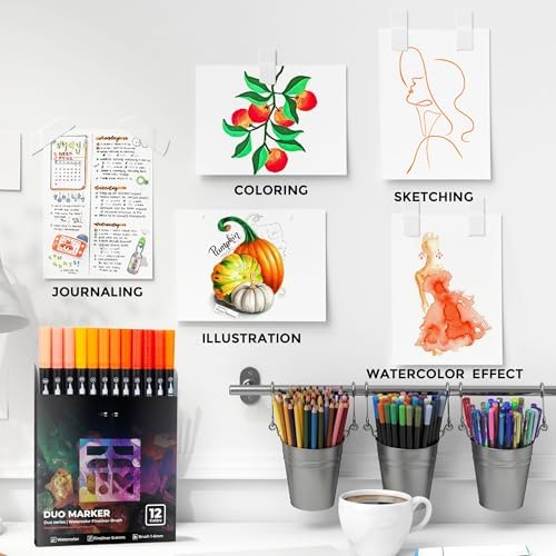 ZSCM QUALITY DECIDES THE FUTURE Orange Duo Tip Marker Pens, 12 Fine & Brush Tip Pen For Adult Coloring Books