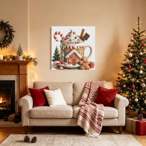 KYOQFVN Christmas Gingerbread Cocoa Mug Stamped Cross Stitch Kits, Embroidery Kits for Beginners Adults, 11 CT Needlepoint Counted Cross Stitch Kits for Beginners Arts Craft 14x14 inch