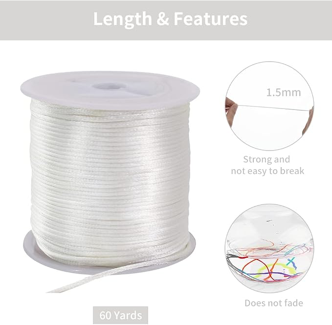 TONIFUL Nylon String Satin Cord for Necklace Bracelet Beading 1.5mm White | 50yd Non elastic durable non fading, for Jewelry Making Thread Rattail Macrame Trim Kumihimo Chinese Knot Craft Tags Hanging