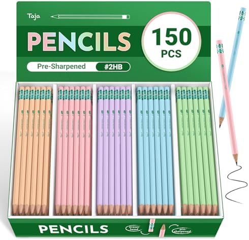 Taja 150 Pack Wood-Cased #2 HB Pencils, Bulk Pack Pre-Sharpened, Macaron