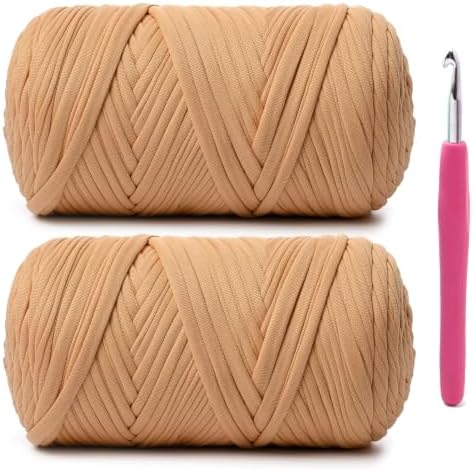 2 Pack Soft Tshirt Crochet Yarn, 800g/228yds High Elastic Hand Knitting Yarns, Thick T Shirt Yarn for Crocheting Bags, Baskets, Cushions, DIY Crafts(2 Light Tan)