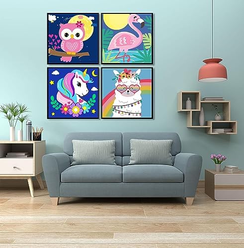 MXCFZX 4 Pack Paint by Numbers for Kids - Paint by Number for Kids Beginners Easy Acrylic Watercolor Paint Numbers Canvas Arts for Kid Ages 4-8,Oil Painting by Number Kits for Decoration 8x8 frameless