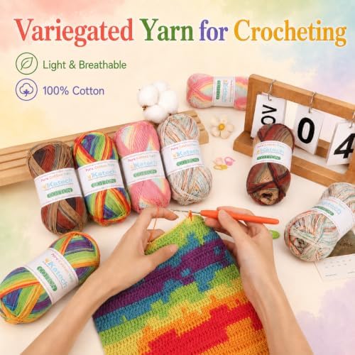 Katech 1OO% Rainbow Cotton Yarn for Crocheting-2 Sport Weight Baby Yarns