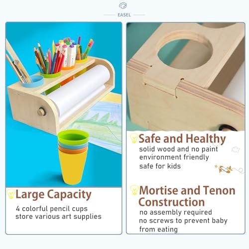 XDONEF Wooden Tabletop Paper Roll Dispenser with Roll 11.4inx98.4ft and Pencil Cups Craft Art Paper Roll Holder for Kids Desktop Easel for Drawing Painting Home Classroom