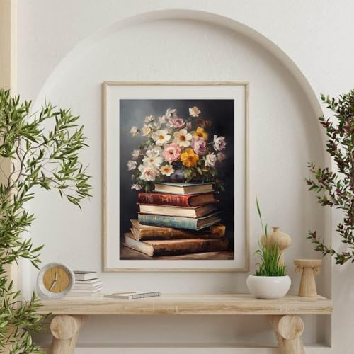 RYMILIE Diamond Art Kits for Adults Vintage Flowers and Books 12x16inch | 5D Stress Relief Diamond Painting Kit for Beginners, DIY Full Square Gem Art Crafts for Home Wall Decor Gift
