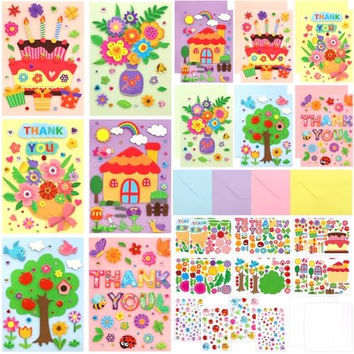 Treasure Cove Card Making Kits for Kids Handmade DIY Greeting Card 12Pcs | Thank You Cards Art Crafts, Envelopes Stickers, Girls, Boys, Birthday, Thanksgiving Party Supplies