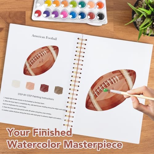 Easy Watercolor Workbook for Beginners - 12 Beautiful Step-by-Step Paintings Water Coloring Book, Includes 16 Colors Paints, Relaxing Art Projects and Creative Gift for Adults & Teen (Sports Ball)