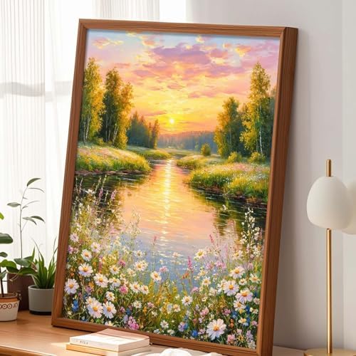 Alptiny Paint by Numbers Kit for Adults, Riverside Sunset Landscape Paint by Number Kit on Canvas, Countryside River & Wildflowers Oil Painting for Gift, Home Wall Decor 16x20 Inch