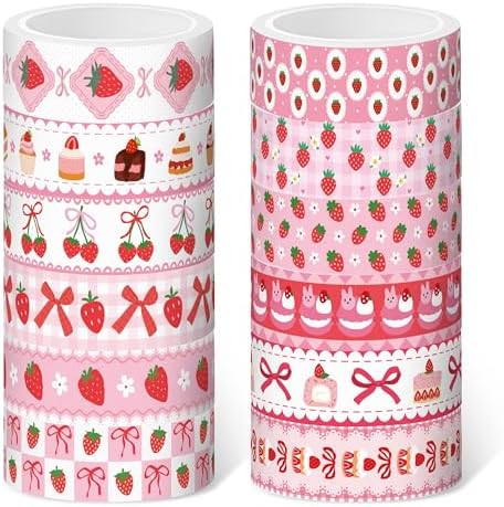 Pink Strawberry Washi Tape - 12 Rolls Waterproof Cute Bow Sweets Desserts Self Adhesive Decorative Paper for Gift Wrapping Scrapbook Journaling Kitchen Birthday Party Favor Craft Supplies