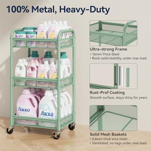 YASONIC 3 Tier Metal Rolling Cart, Green Utility Storage Cart with Wheels | Metal Mesh Craft Cart With Hooks & Hanging Cups, Ideal For Kitchen, Bathroom, Office, Dorm, Art Workspace, Bedside Storage