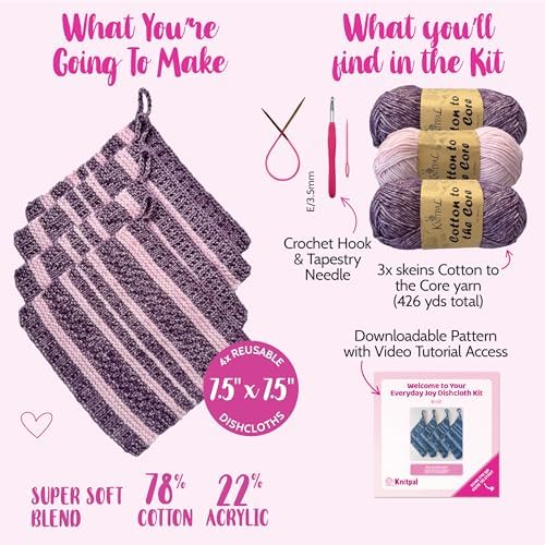 KnitPal Dishcloth Crochet Kit for Beginners (Plum Purple + Blush Pink)