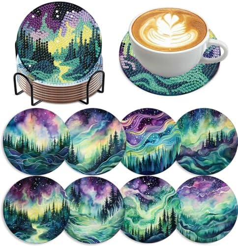8 Pack Diamond Art Coasters,Northern Lights Diamond Painting Coasters Kits