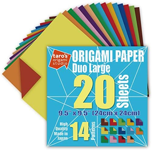 [Taro's Origami Studio] Large Duo (Diffrent Colors On Each Side) Double Sided Standard 9.5 Inch (24 cm) Kami Paper with 14 Color Change Patterns, 20 Sheets (Made in Japan)