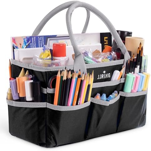 JJRING 600D Nylon Craft & Art Organizer Tote Bag With Pockets, Silver