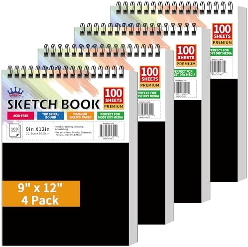 WINNER 9" x 12" Sketch Book 4 Pack, 400 Sheets Spiral Bound Art Sketchbook, 68lb/100gsm White Acid Free Drawing Pad, Sketching Drawing Writing Sketch Pad, Art Supplies for School, Kids, Adults &Teens