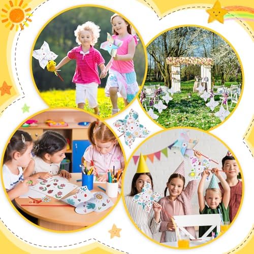 Simgoing 300 Pcs DIY Pinwheels for Kids Party Favor Paper Summer Craft Kits Bulk White Pinwheels for School Art Group Activities Scare Birds Garden Party Supplies 250th Anniversary July 4 (9.06 Inch)