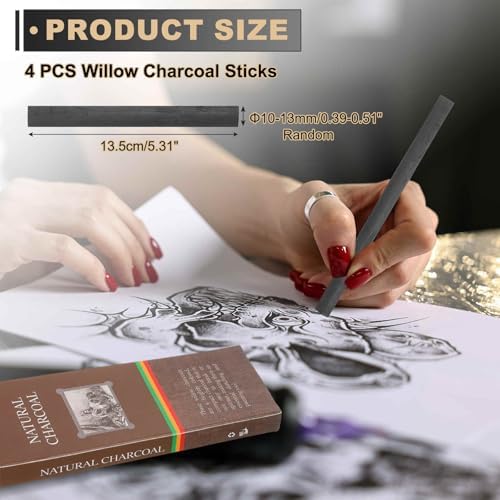 MECCANIXITY Pack of 4 Willow Charcoal Sticks 10-13mm Willow Charcoal Black