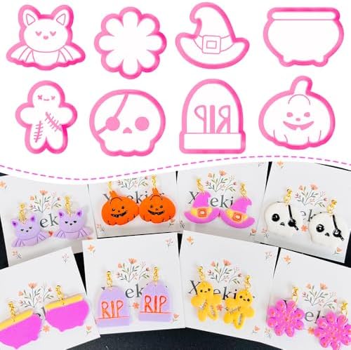 Xaekicr Halloween Polymer Clay Cutters Set – 8Pcs Clay Cutters for Earrings, Pumpkin Skull Witch Hat Molds for DIY Clay Jewelry Making