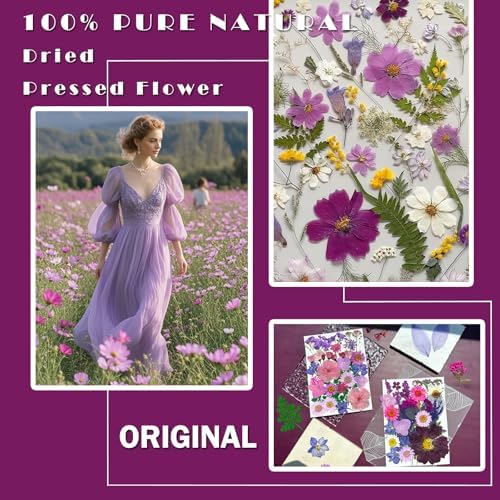 MIKIYA 54Pcs Purple Pressed Dried Flowers for Resin, Real Natural Bulk Assorted Dry Floral Leaves for DIY Art Crafts, Epoxy Molds, Jewelry, Soap, Candle Making, Nails Decors