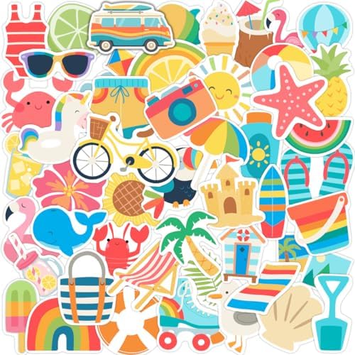 50Pcs Summer Stickers, Cute Vinyl Waterproof Tropical Beach Theme Decals for Kids Water Bottles Laptop Stationery Notebook Skateboard, Sun Surf Party Favors (2-3 Inch)