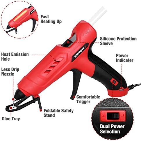 Arrow Full Size Dual Temp Glue Gun Kit with 12 Sticks - Professional, High/Low Temperature, Fast Heating, Heavy Duty with Stand for Décor, Crafts, Repairs, Construction