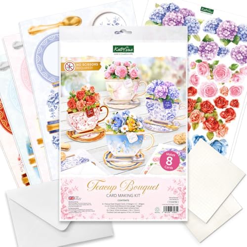 Katy Sue Teacup Bouquet Card Making Kit – Make 8 Freestanding Floral Teacup Easel Cards. Contains Shaped Cards, Die-Cut Decoupage, Adhesive Foam Pads, Envelopes & Instructions for Card Making Supplies