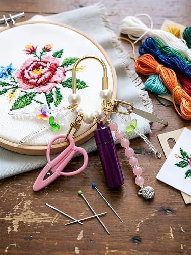 MEYAGO Needlepoint Bag Charm Tool Kit with Mini Embroidery Scissors, Needle Threader, Needle Holder Tube & Gold Keyring, Portable Embroidery Accessories for Cross Stitch Sewing DIY Crafts (Pink)