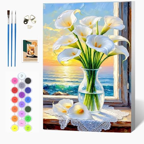 Auremi Flower Paint by Number Kits with Framed, DIY Flower Paint by Number Canvas for Adults, Easy Acrylic in Canvas with Brushes for Decor 20x30cm