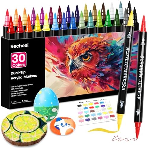 Recheel Acrylic Paint Markers, 30 Colors Dual Tip Fine & Brush Pens for Art | For Rock, Wood, Canvas, Glass, Ceramic & More, Perfect for Multi-Surface DIY Crafts and Creative Art Projects
