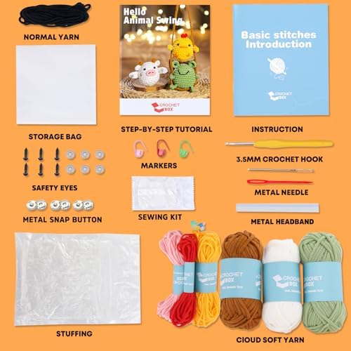 CrochetBox Crochet Kit for Beginners Adults - Animals Swing Starters Crochet Kit, Beginners Crocheting Kitting for Adults Teen, Craft Gifts with Crochets Yarns, Hook, Step-by-Step Video, Instruction
