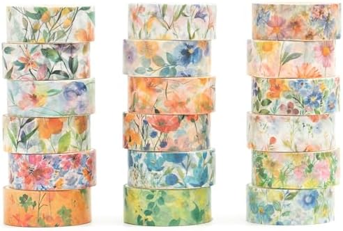 18 Rolls Blossom Washi Tape Set Floral Arts Adhesive Tapes Flowers Garden Decorative Masking Tape Set for Craft, Kids, Scrapbook, DIY, Gift Wrapping (Pastel Charm)