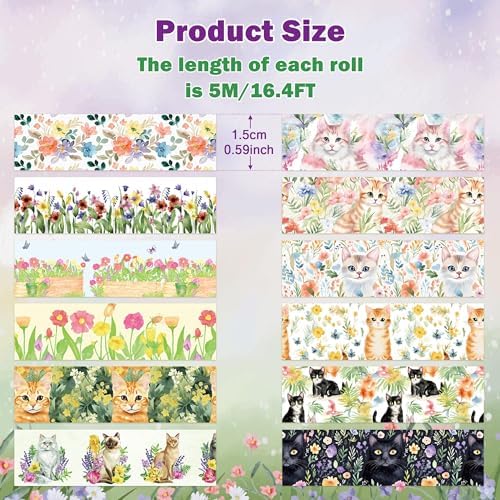 Spring Flower Washi Tape - 12 Roll Vibrant Cat Flower Scrapbook Washi Colored Painters Masking Decorative Adhesive Tape Set School Office Diy Craft Scrapbooking Journal Supplies Gift Wrapping
